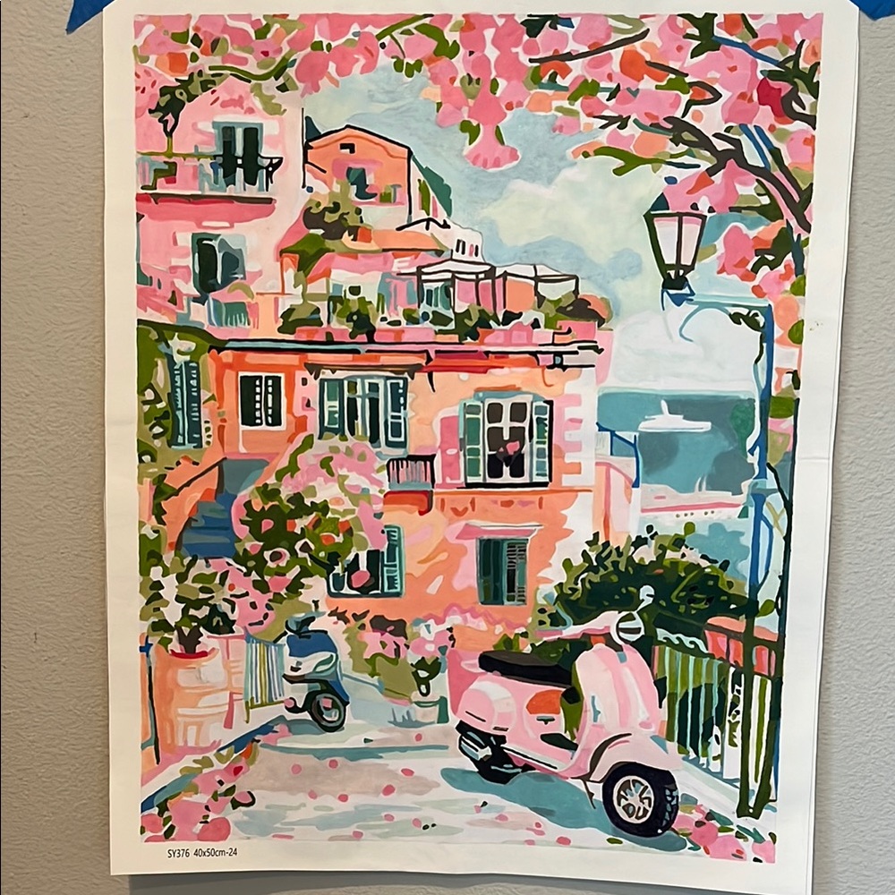 Whimsical Pink and Green Mediterranean Painting